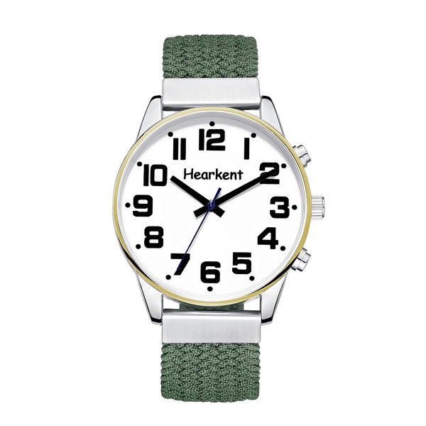 Hearkent Men's Talking Watch with French Voice Large Numbers for Visually Impaired, Blind or Elderly, Nylon Green, Classic
