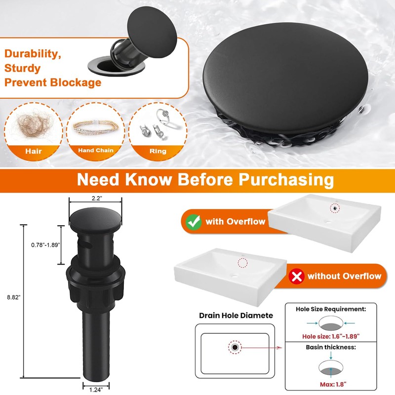 RUITHOE Matte Black Bathroom Sink Drain with Overflow, Bathroom Sink