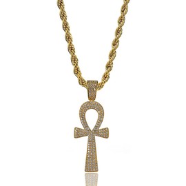 TOPGRILLZ Ankh Cross Necklace for Women Gold Cross Necklace for Men Rope Pendant Necklace Iced out 14K Gold Plated 24 Stainless Steel Chain Birthday Gift