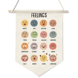 Feelings Chart Canvas Wall Banner,Emotion Recognition Hanging Poster for Kids, Classroom, Therapy, or Homeschool, Educational Emotions Visual Aid with Wooden Rod, 11x16 inch(KD09)