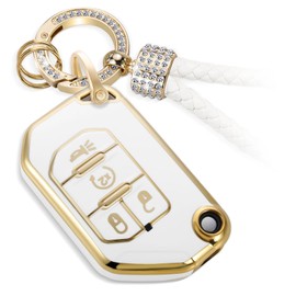 CTRINEWS for Jeep Key Fob Cover with Luxury Diamond Bling Braided Rope Keychain, Upgraded Soft Case for Jeep Wrangler Rubicon Gladiator JL JLU JT Sahara JLU Flip (4 buttons) Fob Shell (Gold, C1)