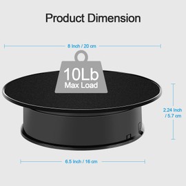 Inovat Upgrade 8" Ultra-Quiet Motorized Rotating Display Stand for Video Photography Products Display, 360 Degree Black Velvet Rotating Turntable for Jewelry 3D Models (Battery Operated, 10LB Load)