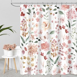MAYZUS Extra Long Shower Curtain 72 x 84 Inch, Tall Coral Floral Shower Curtain for Bathroom, Watercolor Flower Butterfly Fabric Shower Curtain Set with Hooks, Coral Pink, Peach