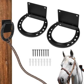 LICAEVEY Paquete de 2 Anillos de Corbata para Caballos, 11,5 X 12,5 X 1,6 Cm, Anillo de Corbata de Caballo Negro de Acero Sólido, Bridas Cruzadas de Herradura para Suministros Estables