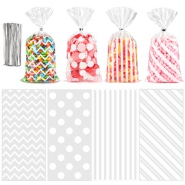 Ohuimrt 100 PCS White Cellophane Treat Bags, Clear Party Favor Bags Goodie Bags Plastic Gift Bags with Ties for Candies, Cookies, Snacks, Valentine's Day, Birthdays, Weddings