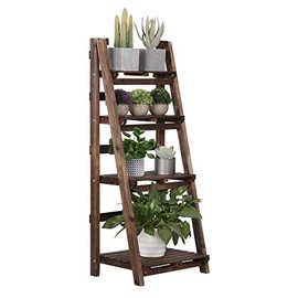 YAHEETECH 4-Tier Wooden Foldable Ladder Shelf Magazine Holders Literature Racks Plant Stands Folding Flower Display Pot Decorative Storage Free Standing Indoors/Outdoors Rustic No Assembly Required