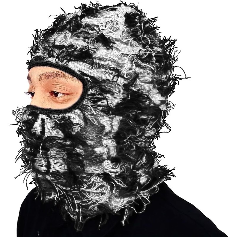 Malaxlx Distressed Balaclava Ski Mask Black White Knitted Balaclava Shiesty