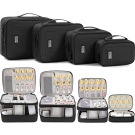 AKOZLIN Padded 4pcs/set Double Layer Travel Organizer Office Cord Cable Electronics Accessories Bag Electrical Cord Management Case Black