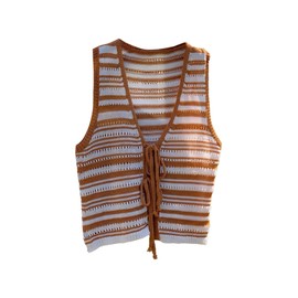 GORGLITTER Women's Striped Hollow Out Tie Up Sweater Vest Sleeveless V Neck Knit Tank Tops White and Brown Medium