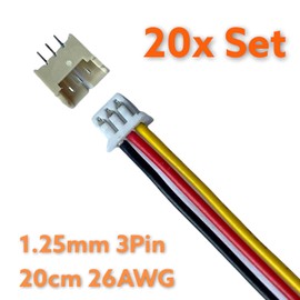 VUNIVERSUM 20 x 3 Pin 1.25 SH 1.25 mm Micro JST Connector with 20 cm 26AWG Electronic Cable + Female Loose Model Making DIY BRY (20x Sets)