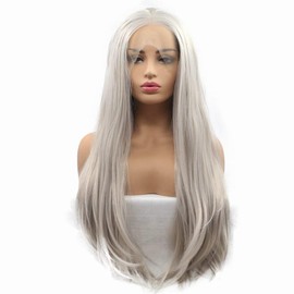 Platinum Blonde Synthetic Lace Front Wigs Natural Looking Straight Soft Ash Blonde Half Hand Tied Long Heat Resistant Party Cosplay Wig 26 Inch