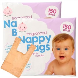 Fragranced Nappy Disposable Bags 2 x 150 pcs with Tie Handle | Antibacterial Nappy Sacks | Leakproof Bags | Essentials for Newborn and Young Babies | Travel or Home Use