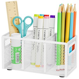 Marbrasse Mesh Pen Holder for Desk,Pencil Holder Desk Organizer 3 Adjustable Compartments,Pencil Cup with Handle Perfect for Classroom, Office, Home,Makeup,Art (White)