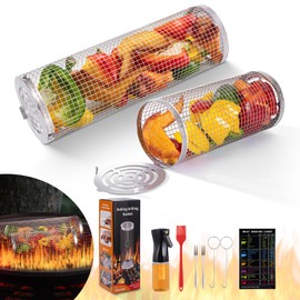 Toprise Rolling Grilling Baskets for Outdoor Grill, BBQ Rolling Basket 2 Pcs, Stainless Portables Steel Grill Basket Cylinder with Hooks,Forks,Spray Bottle,Brush for Fish,Shrimp,Meat,Vegetables,Fries