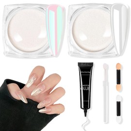 Wugbc 2 Jars Chrome Nail Powder and Rhinestone Glue Gel Kit, White Pearl & Red Pearl Iridescent Aurora Powder, Metallic Mirror Effect Magic Mermaid Glitter Dust, Nail Charms 3D Nail Gel for Nails Art