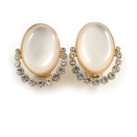 25mm Tall/Oval Faux Cat's Eye Stone Crystal Clip-On Earring in Gold Tone