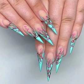 SINHOT Long Press On Nails Stiletto False Nails French Tip Fake Nails Ombre Glue on Nails Plum Blossom Acrylic Nails with Designs for Women and Girls
