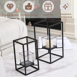 PYSYY Set of Candlestick Holders in Two Sizes, Versatile Square Glass Candle Holder with Black Frame, Moden Style Candle Stand for Home Decor, Wedding, Party & Table Centerpiece