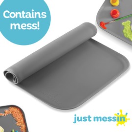 Just Messin' Silicone Art Mat for Crafts, Resin, Paint, Slime & Jewelry-making, Multipurpose Table Protector with Raised Sides to Contain Mess, Non-slip Heat Resistant, 16”x26” Mat with .6" Edge, Gray