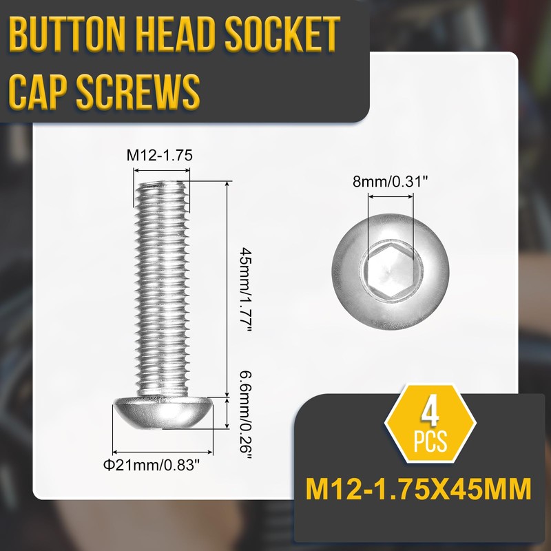 DTGN M12-1.75x45mm ボタンヘッドキャップボルト4パック ロードバイク マウンテンバイク 自動車 オートバイに最適 304ステンレススチール 白華処理仕上げ 六角ドライブファスナー