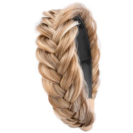 GLEDOLA Wide Messy Braided Headband with Teeth Synthetic Hair Plaited Headband High Elasticity Braids Chunky Fishtail Braided Hair Band Hairpiece for Girls Women (Caramel Blonde)
