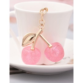 Donouzair Glitter Cherry Keychain Bag Charms for Handbag Backpack Purse, Pink Cute Cherry Key Chain Gold Bow Keychain Purse Charm Gifts with Flower for Women Girls
