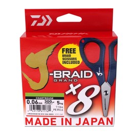 Daiwa J-Braid Grand X8E 0.18mm, 12.5kg/28.0lbs, 270m, Chartreuse, Braided Fishing Line, with Scissors, 12797-118P