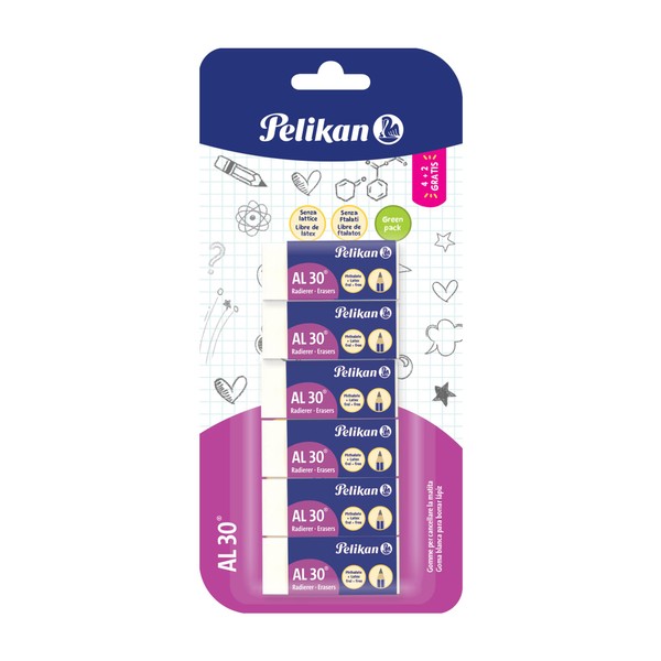 Pelikan AL 30 White Erasers for Graphite Pencils, Technical and Artistic Drawing, Suitable for Children, Pack of 6, Size 43 x 17 x 12 mm