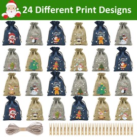 Advent Calendar for Filling, Fabric, 24 Printed Christmas Calendars for Filling, Advent Calendar Bags, Large, 20 x 14 cm, Advent Calendar Bags for Filling with Clip, Advent Calendar 2024 Children