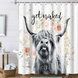 Funny Highland Cow Get Naked Shower Curtain, Country Style Cattle Cow Floral Farmhouse Bathroom Decor Polyester Fabric Waterproof Curtain with 12Hooks