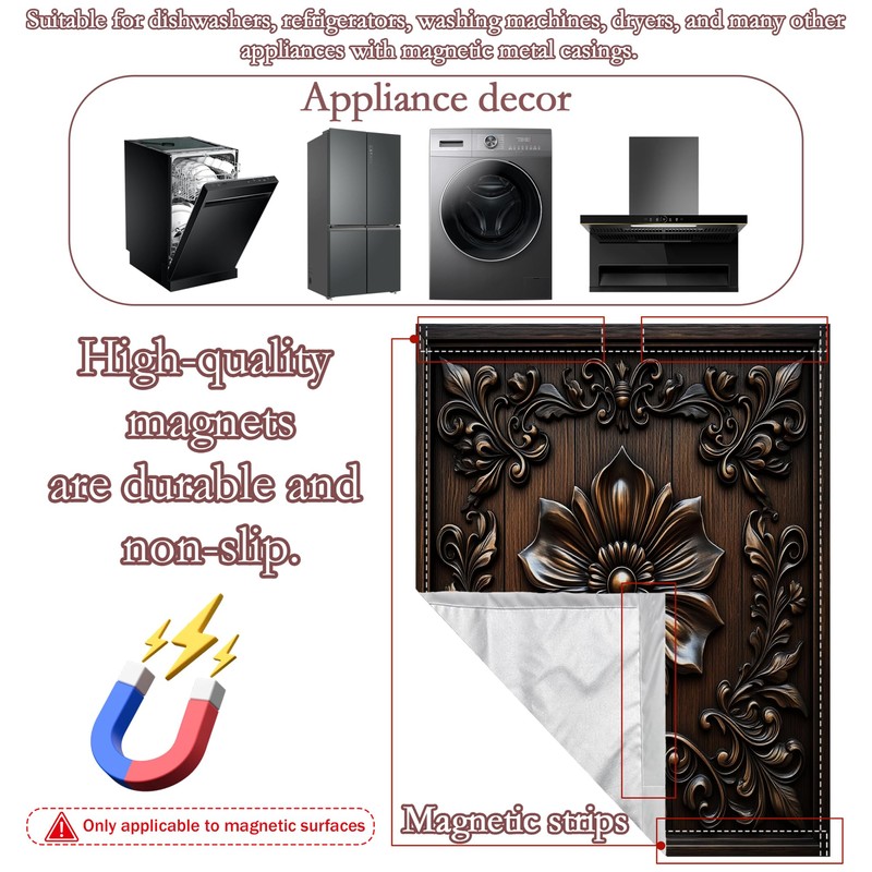 Dark Black Wooden Flowers Dishwasher Magnet Cover for Kitchen Décor
