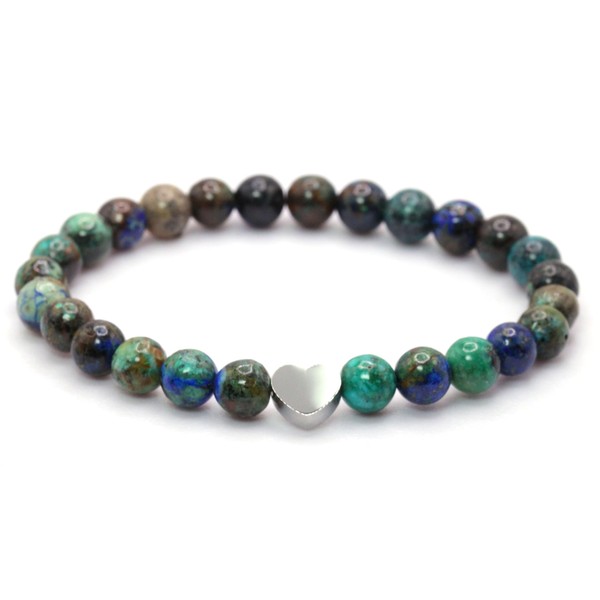 Echtes Azurit Edelstein Armband mit 6mm Perlen und Edelstahlherz -