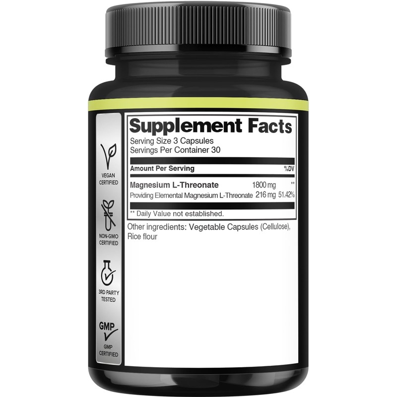 Magnesium L-Threonate Capsules with 12% Purified - 1800Mg - 90