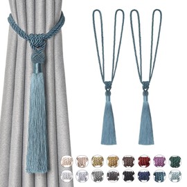 Pretty Jolly 2 Pack Long Tassel Curtain Tiebacks Handmade Braided Rope Knot Drape Tie Backs European Style Decorative Curtain Holdbacks for Home & Office Window Drapery (Teal)