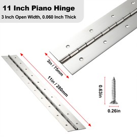 Heavy Duty Piano Hinge 11 Inch x 3 Inch Width, True 0.060'' Thick Stainless Steel Piano Hinge for Heavy Duty Cabinet, Door, Toolbox, Wooden Box, Metal Plate, Furniture, Industrial Project