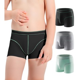 CARER Healthcare Incontinence Pregnancy Carer Washable Incontinence Underwear for Boys with Front Absorbency 80ml Kids Incontinence Boxer Briefs Reusable Cotton Leak Proof Underwear for Teen Boys Age 4-18, 3pk XL (Black, Gray, Green)