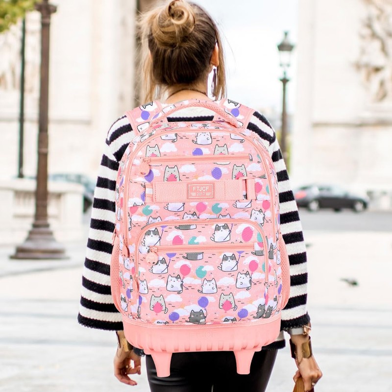 Girls Rolling Backpack, 3PCS Womens Roller Bookbag with Lunch Bag