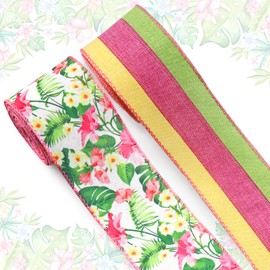 Estivaux 2 Rolls Spring Craft Ribbons for Wreath Bows, 2.5"×10 Yards Wired Edge Ribbons Yellow Pink Burlap Ribbon Flowers Leaves Wired Ribbons for Crafting Sewing DIY Crafts Supplies