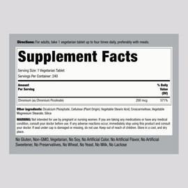 Piping Rock Chromium Picolinate 200mcg | 240 Tablets | Vegetarian, Non-GMO, Gluten Free Supplement
