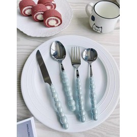 Pearl Flatware Set, Creative Stainless Steel Flatware Pearl Ceramic Handle Silverware Tableware for Kitchen Hotel Home Steak Knife Dessert Spoon Dishwasher