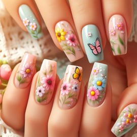 Spring Summer Flower Press on Nails Medium Square Fake Nails Colorful Flower and Butterfly Design Glue on Nails Cute Blue Pink Floral False Nails Acrylic Nails Artificial Nails for Women Girl 24Pcs