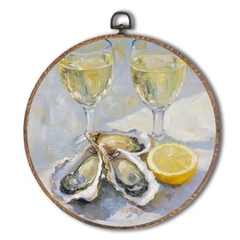 Yorhifa Oyster Champagne Lemon Framed Wall Art, Aesthetic Kitchen Round Wall Art, Coastal Round Walls Decor, Funky Coastal Aesthetic Kitchen Dining Room Circle Canvas Artwork Hanging Decor, 10x10in
