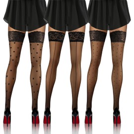 sesto senso 3 Pack Women's Hold-Up Stockings with Pattern 20 Denier Lace Stockings, 3 Pack - Mix Pattern