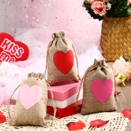 Crtiin 60 Pieces Valentine's Day Burlap Gift Bags Heart Drawstring Bag Linen Goodie bags Candy Pouch Heart Wedding Gift Bags Party Favors (Simple Style)