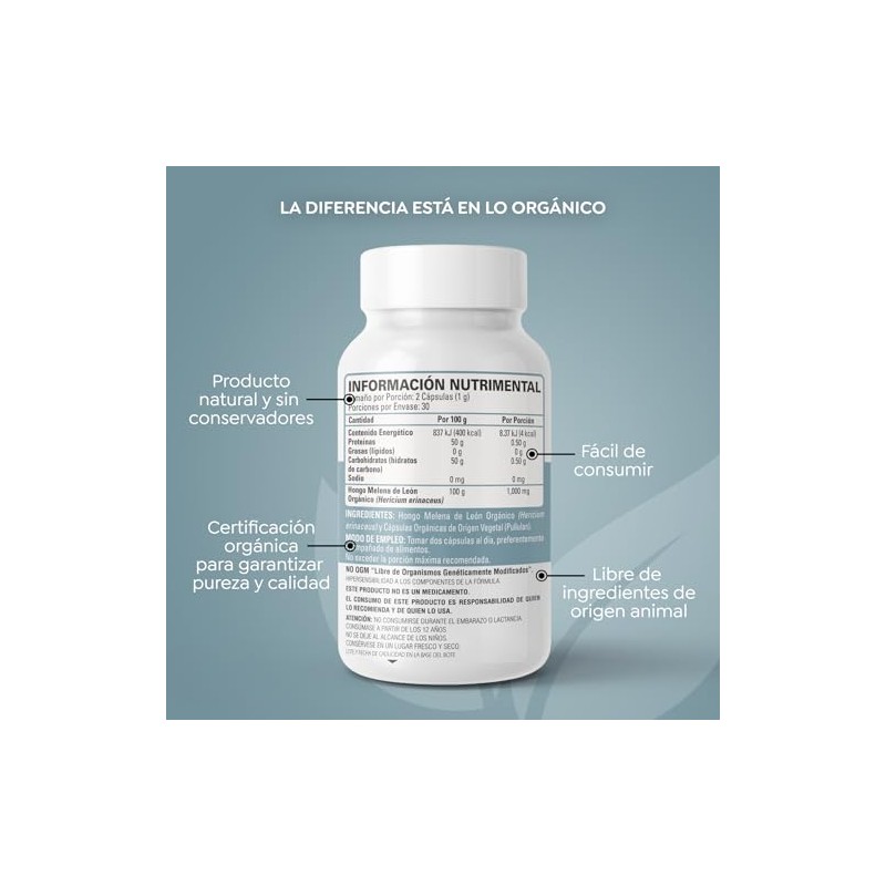 Organicside Cápsulas de Melena de León Orgánicas 60 Cápsulas Vegetales