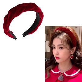 Red Velvet Braided Headband for Women Puffy Braid Headbands Thick Wide Head Band Chunky Christmas Party Headbands for Women Girls Red Braids Head Hair Bands Accessories