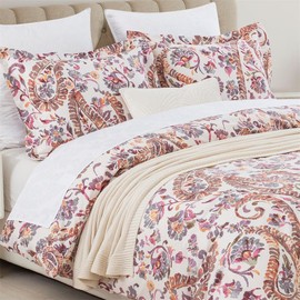 DAUAOTO King Size Patterned Duvet Cover Set - 104"x90" Cover + 2 Shams, 100% Cotton Printed Bedding Sets, Traditional Paisley Pattern