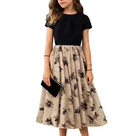 Seechoslo New 8-14Years Girls Elegant Dress Short Sleeve A-Line Floral Midi Party Special Occasion (US, Age, 10 Years, Black)
