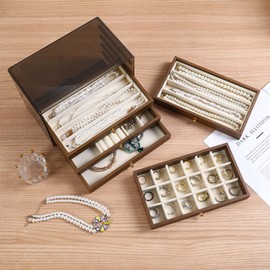 CLUQMEIK 5 Layer Large Wooden Jewelry Box with Acrylic Lid and Wooden Drawers, Stackable Jewelry Organizers and Storage Box for Women and Girls to Storing Rings Earrings Necklaces Bracelets