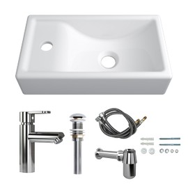 MEJE 16-Inch Wall Hung Basin Sink Combo, Small Cloakroom Basin, Rectangle Ceramic Bathroom Wash Basin - Left Hand Sink Set (Include Faucet)